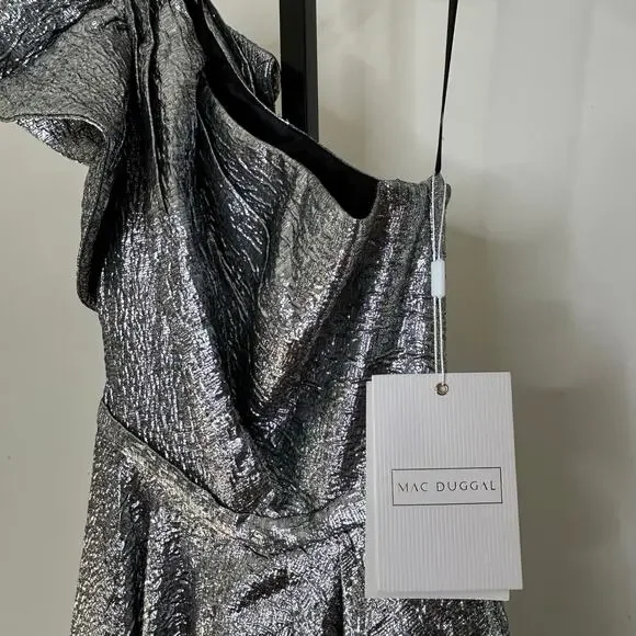 Mac Duggal Silver Gown-Size 4-one shoulder tea‎ holiday wedding brocade NWT